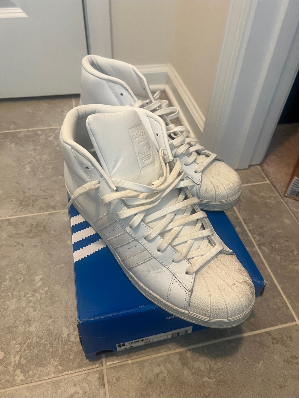 adidas Men’s White High-Top Shell-Toe Sneakers with Blue Box Accent